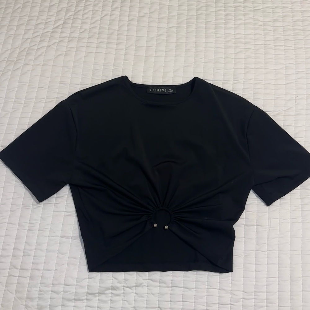 Lioness Black Short Sleeve Top with Silver Ring Cut Out